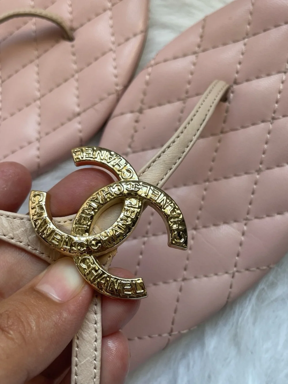 CHANEL Pink Quilted T-Strap Sandals with Gold CC Emblem